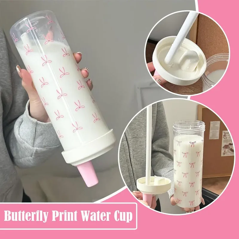 Pink Bow Tumbler Transparent Straw Water Cup Cute Portable Water Bottle For Outdoor School Drinking Water Bottles