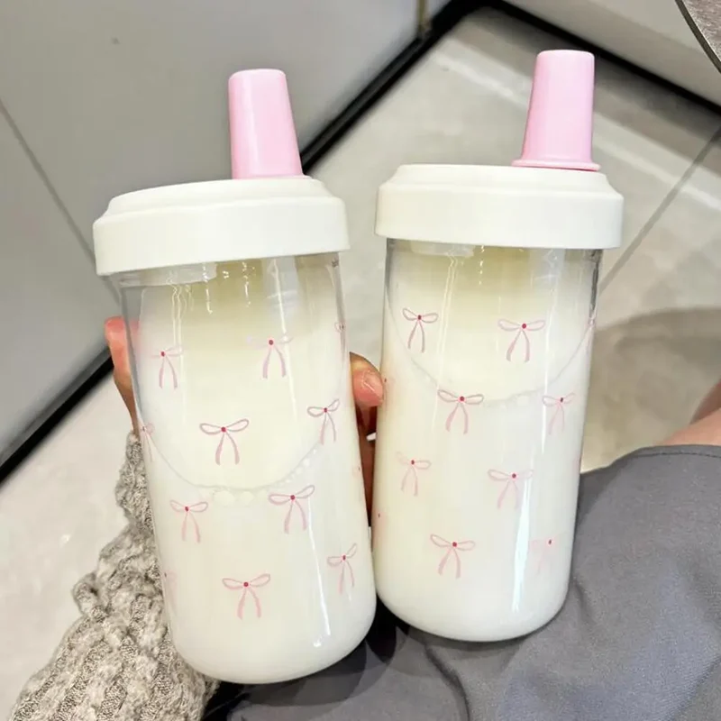 Pink Bow Tumbler Transparent Straw Water Cup Cute Portable Water Bottle For Outdoor School Drinking Water Bottles