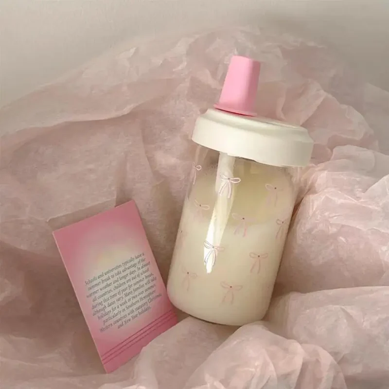 Pink Bow Tumbler Transparent Straw Water Cup Cute Portable Water Bottle For Outdoor School Drinking Water Bottles