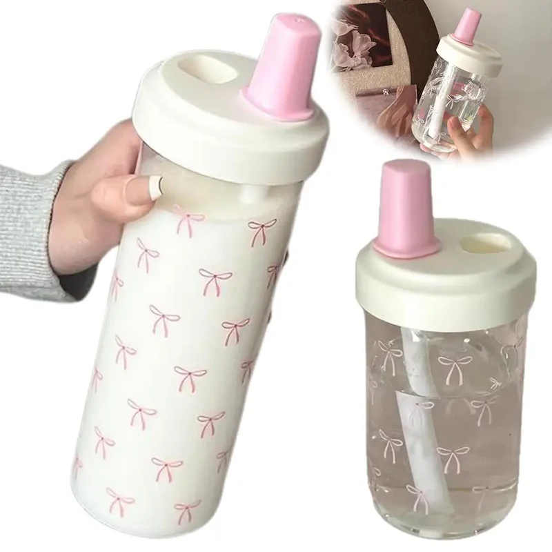 Pink Bow Tumbler Transparent Straw Water Cup Cute Portable Water Bottle For Outdoor School Drinking Water Bottles