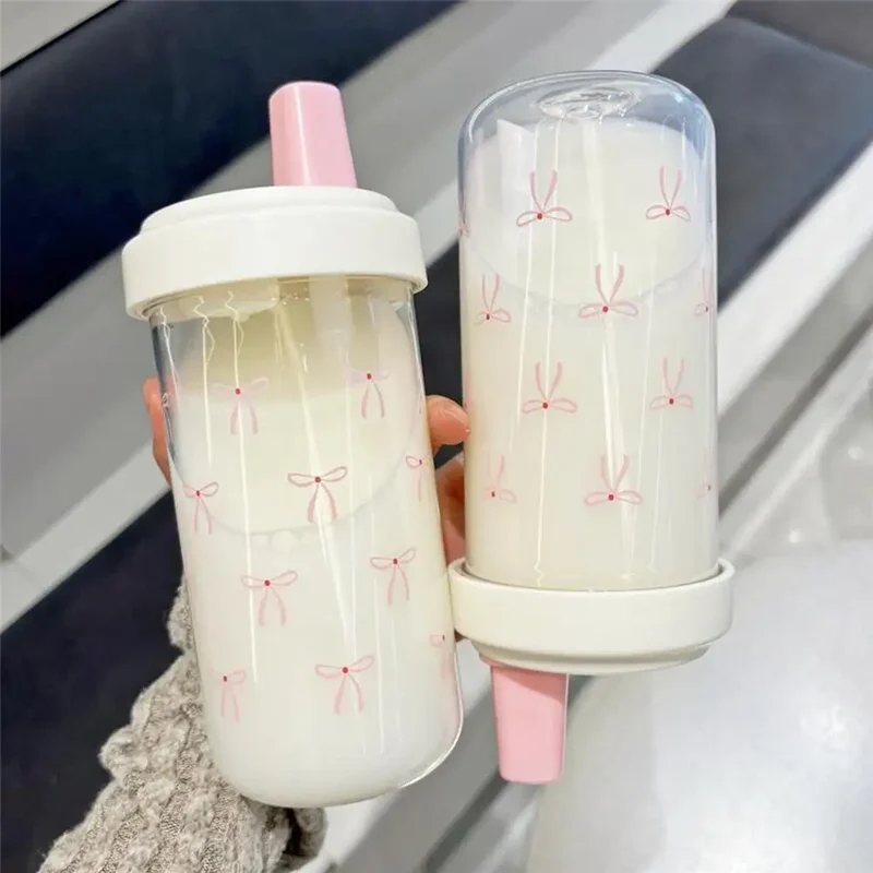 Pink Bow Tumbler Transparent Straw Water Cup Cute Portable Water Bottle For Outdoor School Drinking Water Bottles