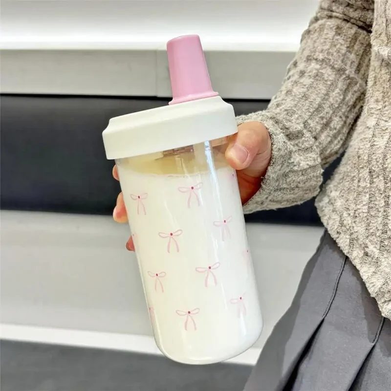 Pink Bow Tumbler Transparent Straw Water Cup Cute Portable Water Bottle For Outdoor School Drinking Water Bottles