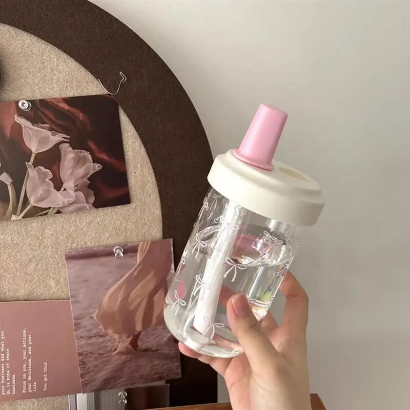 Pink Bow Tumbler Transparent Straw Water Cup Cute Portable Water Bottle For Outdoor School Drinking Water Bottles