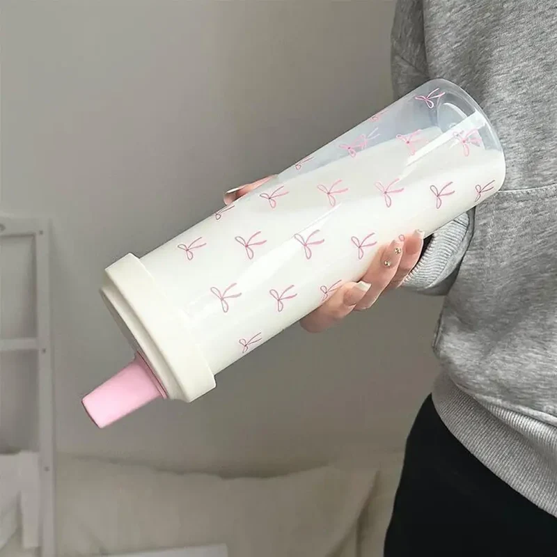 Pink Bow Tumbler Transparent Straw Water Cup Cute Portable Water Bottle For Outdoor School Drinking Water Bottles