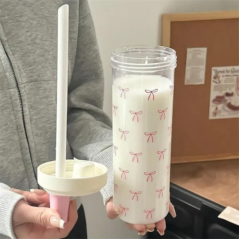 Pink Bow Tumbler Transparent Straw Water Cup Cute Portable Water Bottle For Outdoor School Drinking Water Bottles