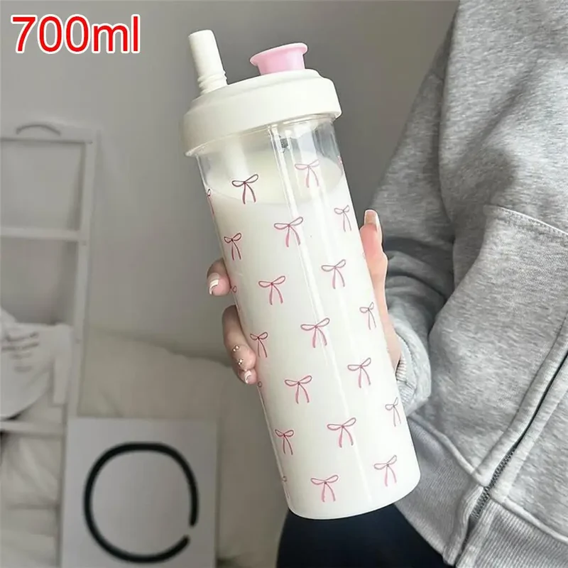 Pink Bow Tumbler Transparent Straw Water Cup Cute Portable Water Bottle For Outdoor School Drinking Water Bottles