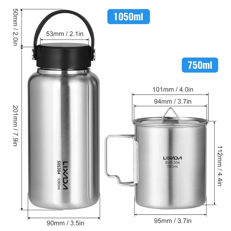 LIXADA Stainless Steel Water Bottle Leak Proof Sports Bottle with 750ml Water Cup for Outdoor Camping Hiking Sport Bottle