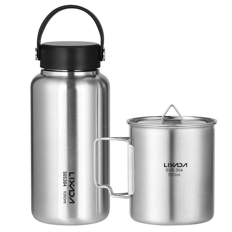 LIXADA Stainless Steel Water Bottle Leak Proof Sports Bottle with 750ml Water Cup for Outdoor Camping Hiking Sport Bottle