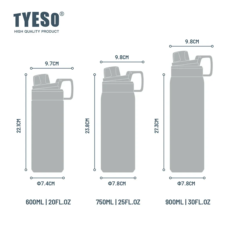 Tyeso Vacuum Flask for Men Women Stainless Steel Outdoor Water Bottles for Cycling Hiking 750ml 900ml Portable Water Bottle