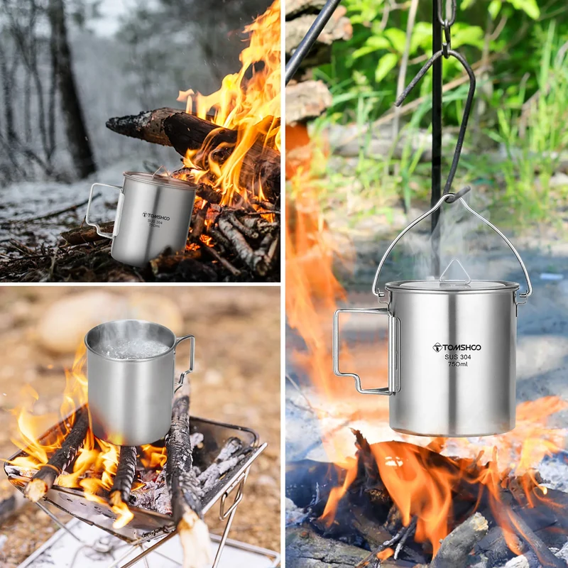 TOMSHOO 1050ml Stainless Steel Water Bottle Leak Proof Sports Bottle with 750ml Water Cup Coffee Mug Hanging Pot for Outdoor