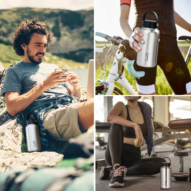 TOMSHOO 1050ml Stainless Steel Water Bottle Leak Proof Sports Bottle with 750ml Water Cup Coffee Mug Hanging Pot for Outdoor