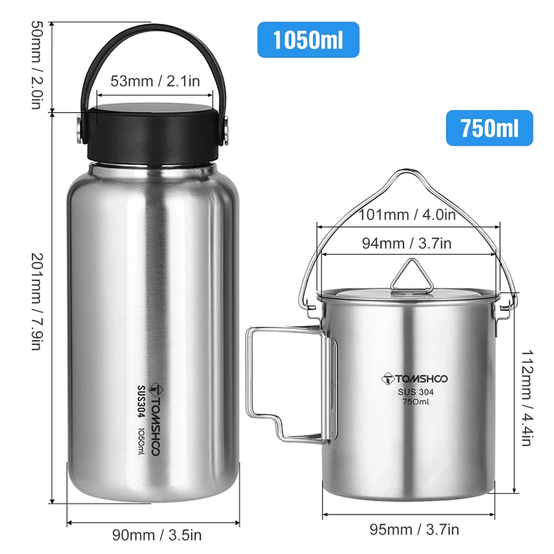 TOMSHOO 1050ml Stainless Steel Water Bottle Leak Proof Sports Bottle with 750ml Water Cup Coffee Mug Hanging Pot for Outdoor
