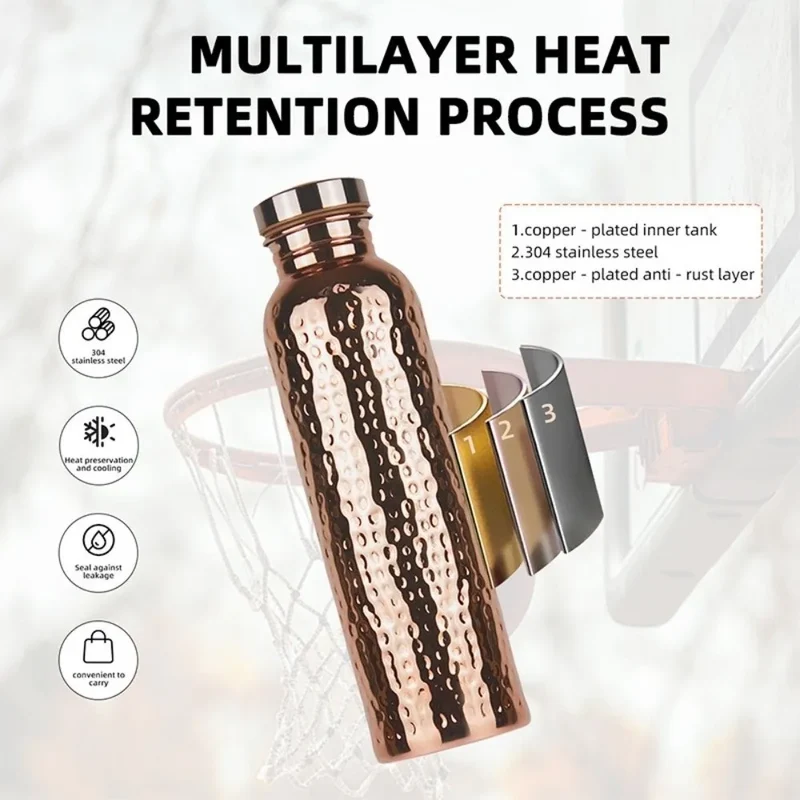 800ML Copper Water Bottle One-Click Open Lid Thermal Insulation Leakproof Sports Bottle Anti-Slip Silicone Base