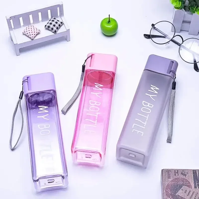 1 Pcs Clear Square Drinking Glass in Mate Plastic Portable Water Bottle with Milk Cable for Outdoor Sports