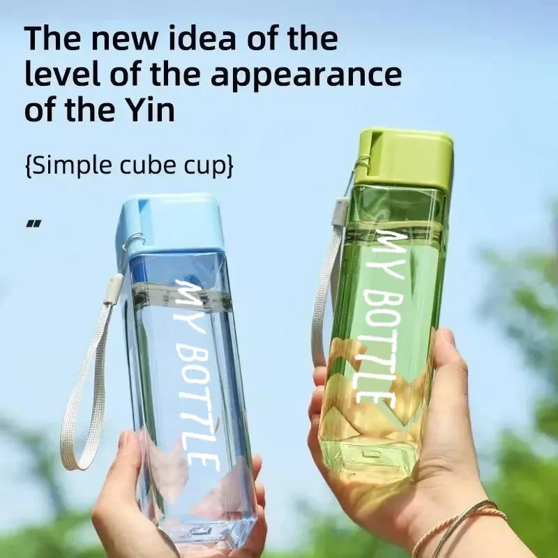 1 Pcs Clear Square Drinking Glass in Mate Plastic Portable Water Bottle with Milk Cable for Outdoor Sports
