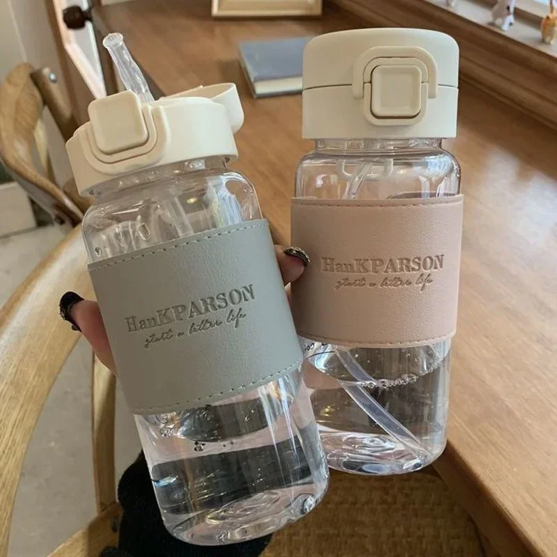 500ml Portable Water Bottle with Straw Creative Cute Leak-proof Plastic Drinking Bottle Milk Coffee Tea Juice Cup Drinkware