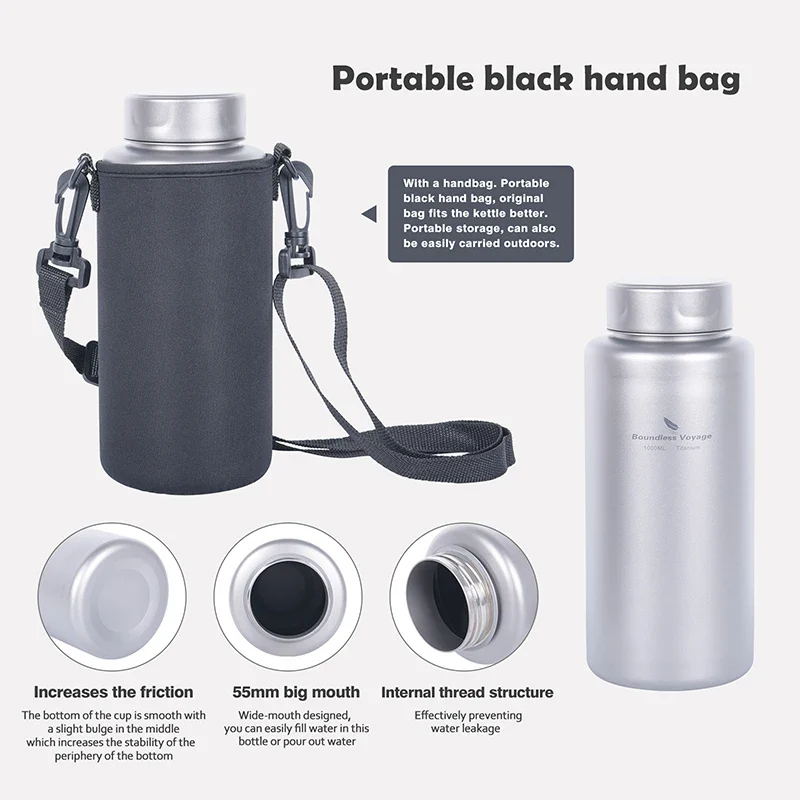 Boundless Voyage Sports Bottle 1000ml, Titanium Water Bottle Wide Mouth, Camping Hiking Cycling Drinkware, Tea Coffee Canteen