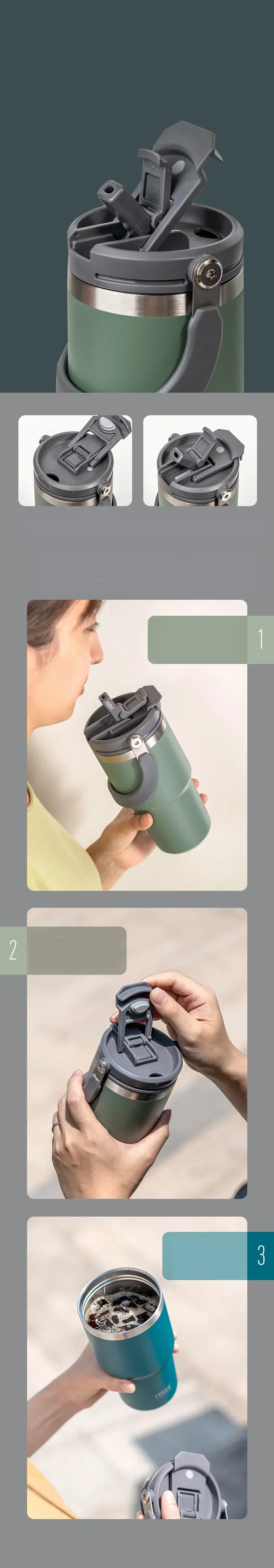 Tyeso Car Stainless Steel Insulated Cup 600/750/900ml Vacuum Thermal Cup with Straws and Handles Outdoor Portable Water Bottle