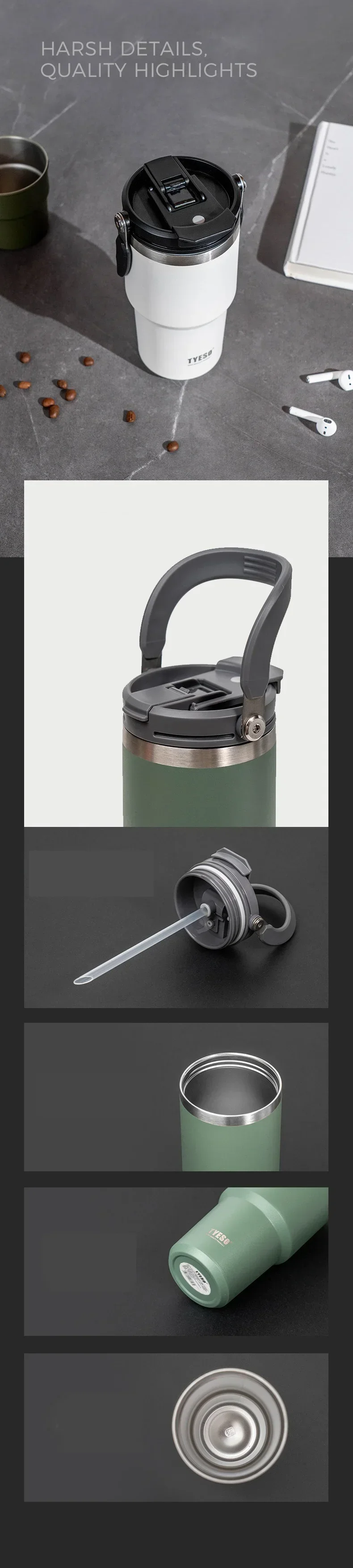 Tyeso Car Stainless Steel Insulated Cup 600/750/900ml Vacuum Thermal Cup with Straws and Handles Outdoor Portable Water Bottle
