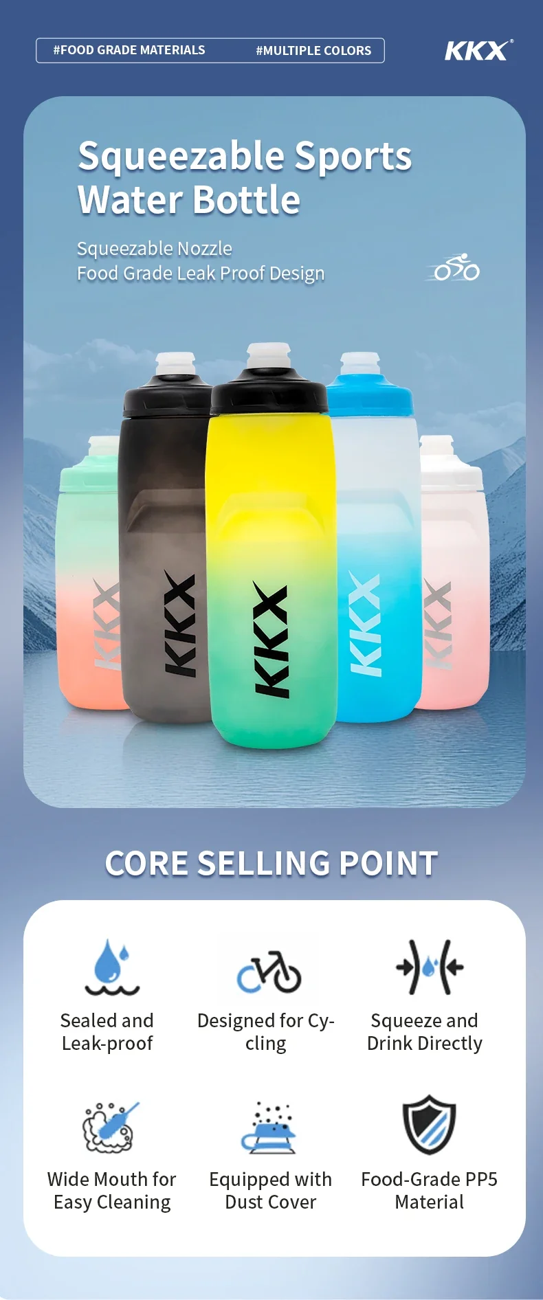 KKX Outdoor Sports Bottle 620ml/750ml Bicycle Bottle MTB Road Gravel Bike Water Bottle PP5 Portable Large Capacity Drink Kettle