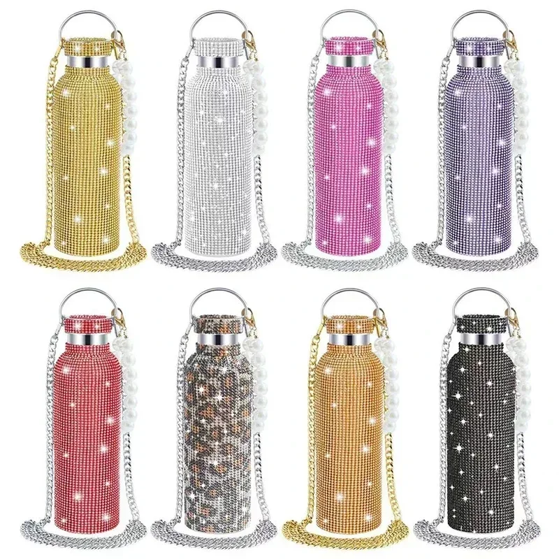 350/500/750/1000ml Luxury Rhinestone Thermos Bottle 2pcs Chain Portable Water Bottle Double Wall Stainless Steel Thermal Flask