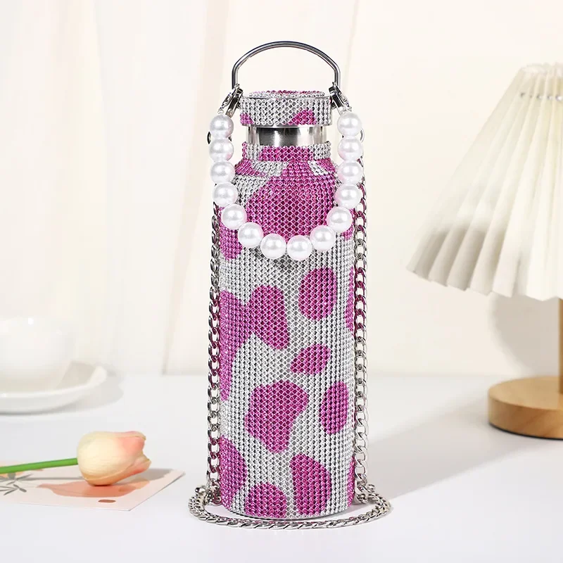 350/500/750/1000ml Luxury Rhinestone Thermos Bottle 2pcs Chain Portable Water Bottle Double Wall Stainless Steel Thermal Flask