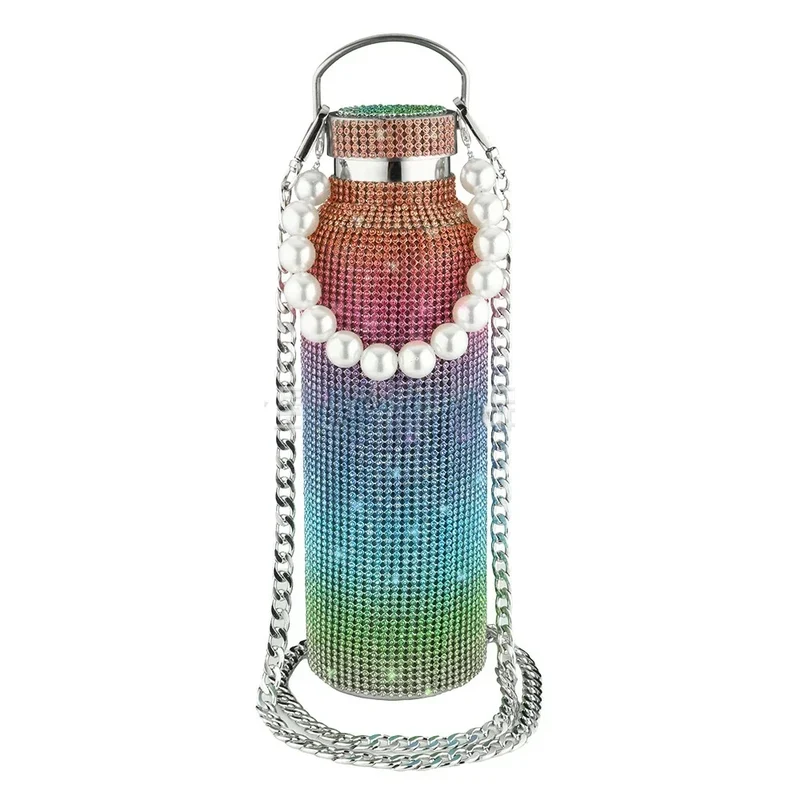 350/500/750/1000ml Luxury Rhinestone Thermos Bottle 2pcs Chain Portable Water Bottle Double Wall Stainless Steel Thermal Flask