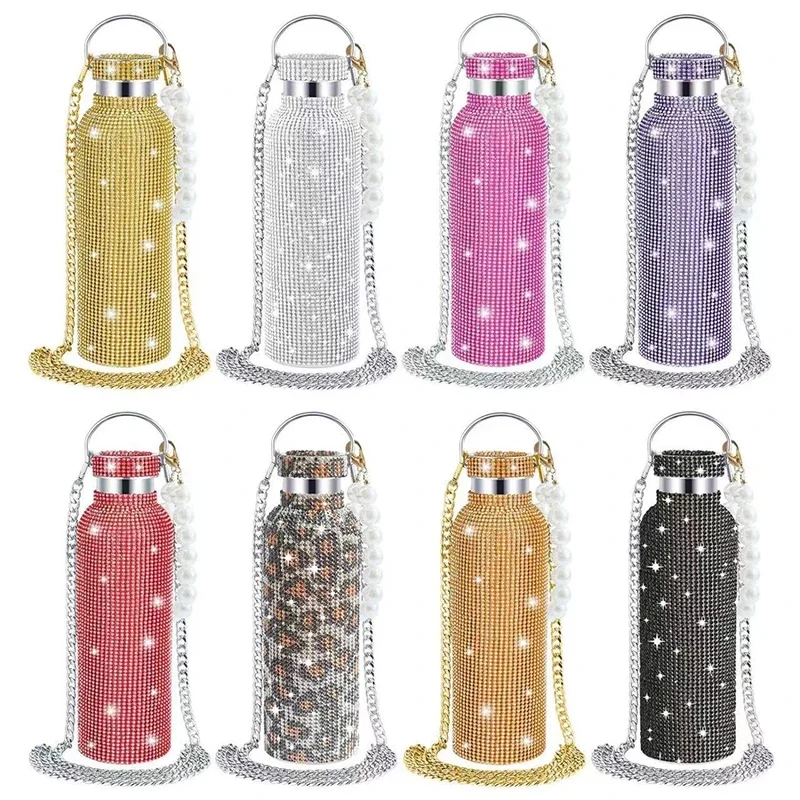 350/500/750/1000ml Luxury Rhinestone Thermos Bottle 2pcs Chain Portable Water Bottle Double Wall Stainless Steel Thermal Flask