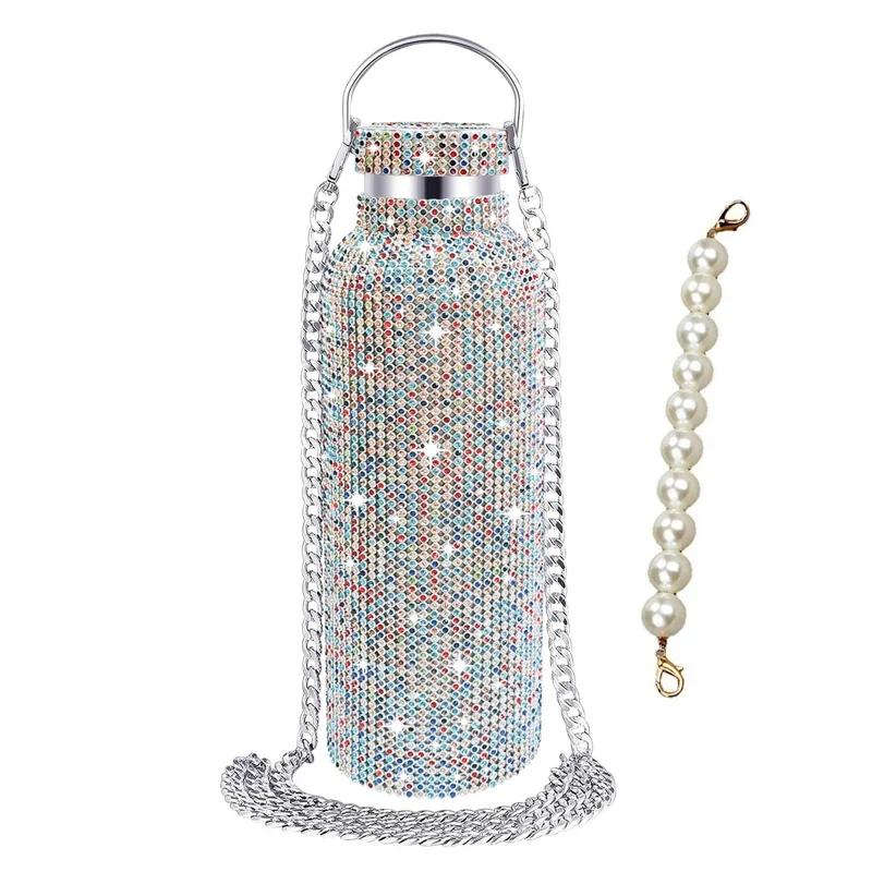 350/500/750/1000ml Luxury Rhinestone Thermos Bottle 2pcs Chain Portable Water Bottle Double Wall Stainless Steel Thermal Flask