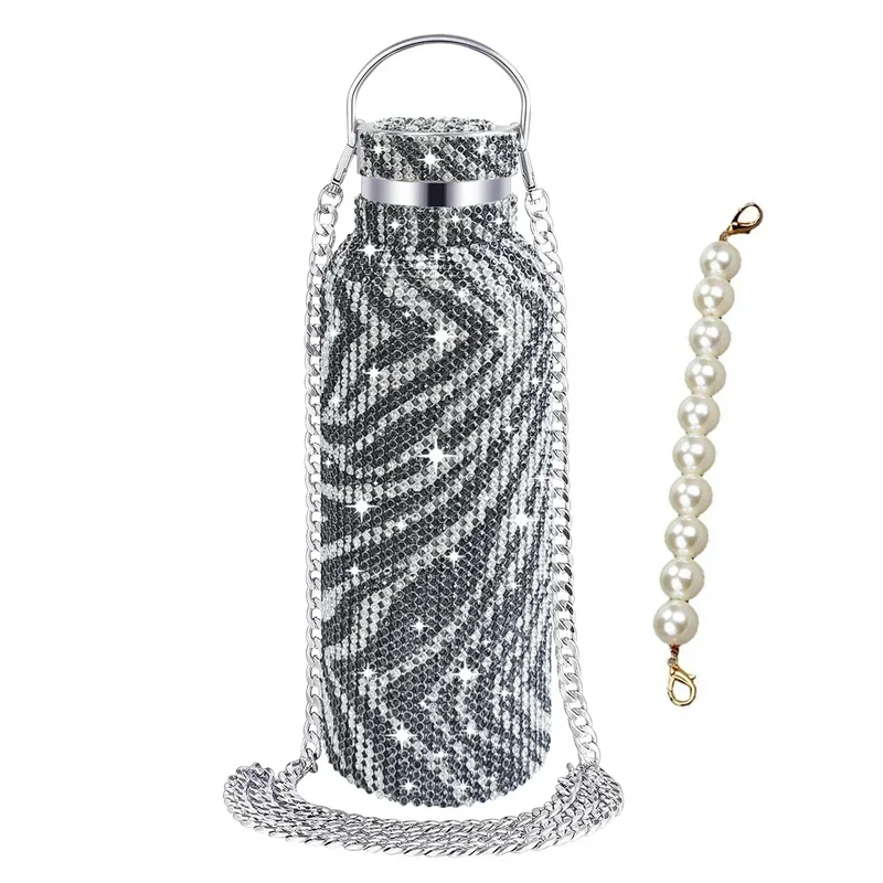 350/500/750/1000ml Luxury Rhinestone Thermos Bottle 2pcs Chain Portable Water Bottle Double Wall Stainless Steel Thermal Flask