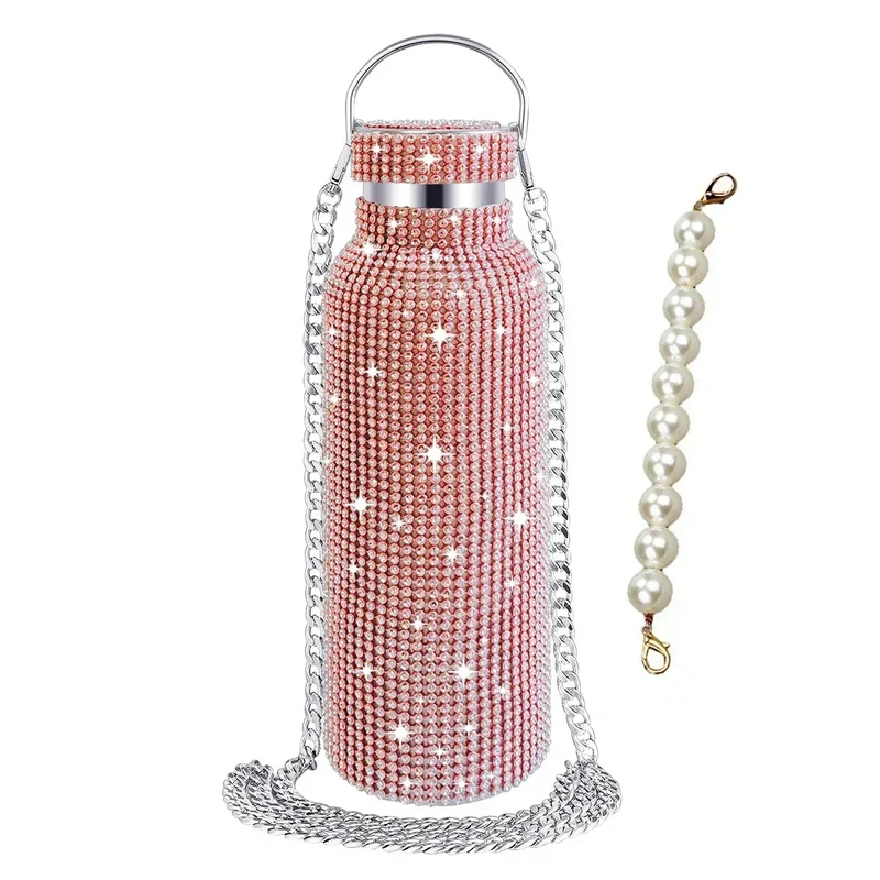 350/500/750/1000ml Luxury Rhinestone Thermos Bottle 2pcs Chain Portable Water Bottle Double Wall Stainless Steel Thermal Flask