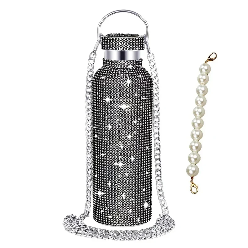350/500/750/1000ml Luxury Rhinestone Thermos Bottle 2pcs Chain Portable Water Bottle Double Wall Stainless Steel Thermal Flask