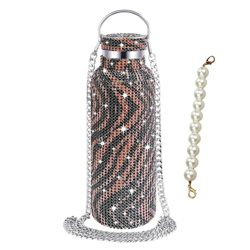 350/500/750/1000ml Luxury Rhinestone Thermos Bottle 2pcs Chain Portable Water Bottle Double Wall Stainless Steel Thermal Flask