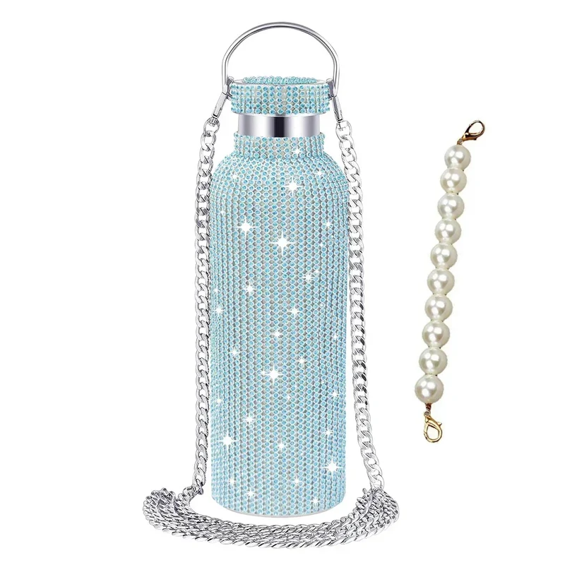 350/500/750/1000ml Luxury Rhinestone Thermos Bottle 2pcs Chain Portable Water Bottle Double Wall Stainless Steel Thermal Flask
