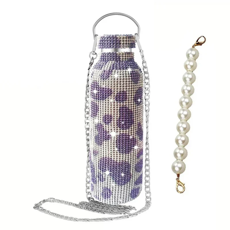 350/500/750/1000ml Luxury Rhinestone Thermos Bottle 2pcs Chain Portable Water Bottle Double Wall Stainless Steel Thermal Flask
