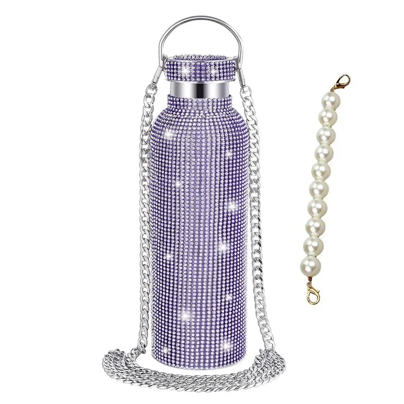 350/500/750/1000ml Luxury Rhinestone Thermos Bottle 2pcs Chain Portable Water Bottle Double Wall Stainless Steel Thermal Flask