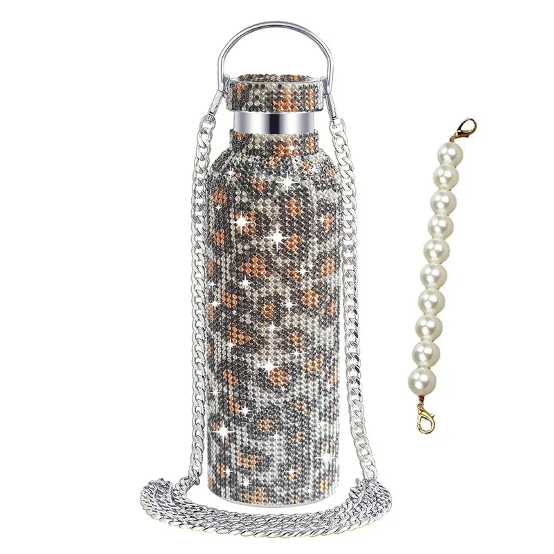 350/500/750/1000ml Luxury Rhinestone Thermos Bottle 2pcs Chain Portable Water Bottle Double Wall Stainless Steel Thermal Flask