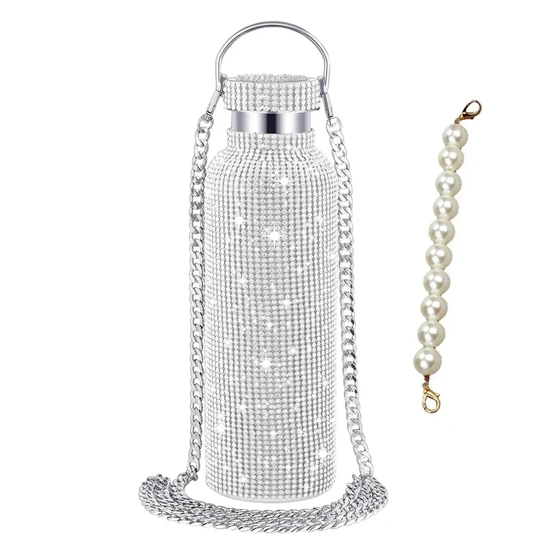 350/500/750/1000ml Luxury Rhinestone Thermos Bottle 2pcs Chain Portable Water Bottle Double Wall Stainless Steel Thermal Flask