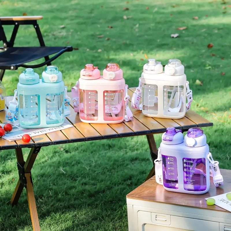 Summer Split-Compartment Double Drinking Straw Cup with ABS Material Kids Portable Water Bottle for Sports & Outdoor Leakproof