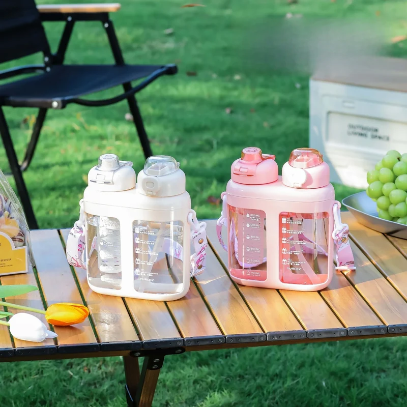 Summer Split-Compartment Double Drinking Straw Cup with ABS Material Kids Portable Water Bottle for Sports & Outdoor Leakproof