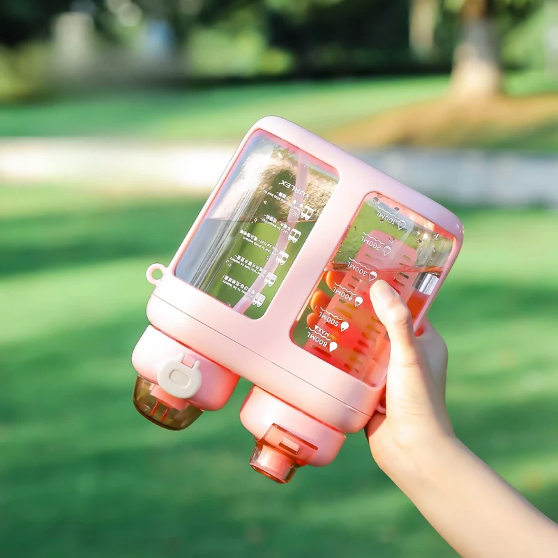 Summer Split-Compartment Double Drinking Straw Cup with ABS Material Kids Portable Water Bottle for Sports & Outdoor Leakproof