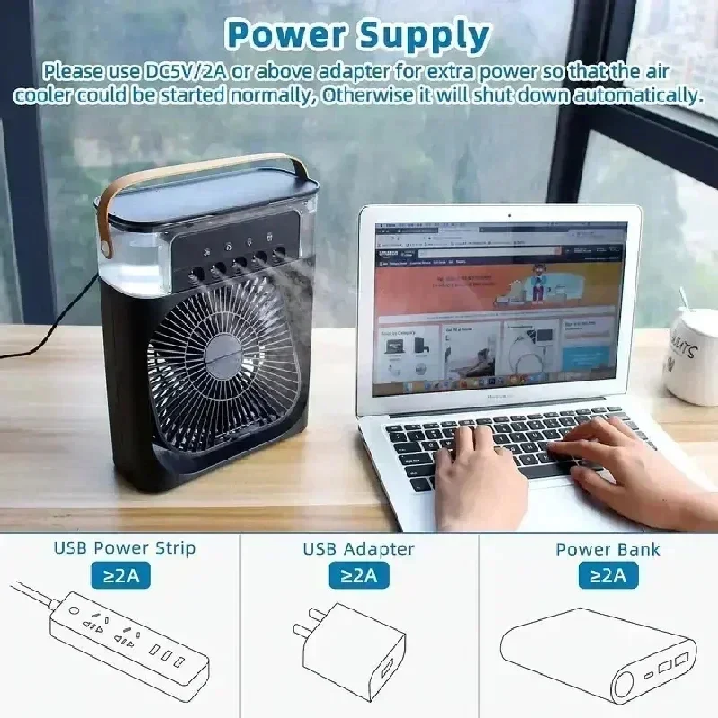 New 3 In 1 Mini Air Cooler Portable Fan Air Conditioner Humidifier with LED Night Light Adjustable Wind Speed Desktop CoolingFan