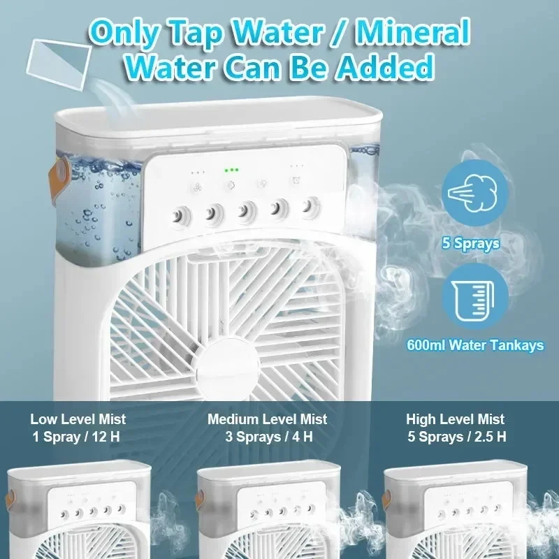 New 3 In 1 Mini Air Cooler Portable Fan Air Conditioner Humidifier with LED Night Light Adjustable Wind Speed Desktop CoolingFan