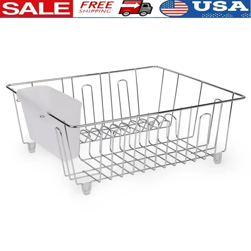 Small Wire Dish Rack Kitchen Organizer with Cutlery Cup Compact Dish Drainer Stainless Steel Countertop Drying and Storage