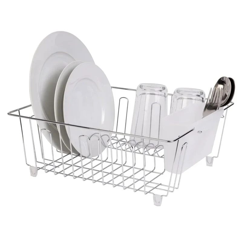 Small Wire Dish Rack Kitchen Organizer with Cutlery Cup Compact Dish Drainer Stainless Steel Countertop Drying and Storage