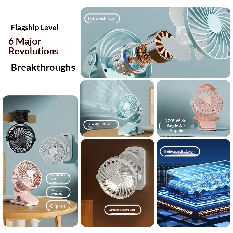 Portable Mini Cooler Fan 720°Rotatable Clip Fan Built In Night Lamp USB Rechargeable Personal Fan For Outdoor Camping Ventilador