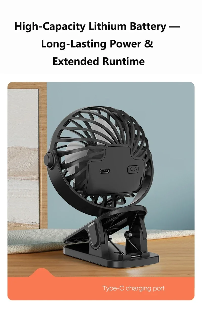 Portable Mini Cooler Fan 720°Rotatable Clip Fan Built In Night Lamp USB Rechargeable Personal Fan For Outdoor Camping Ventilador