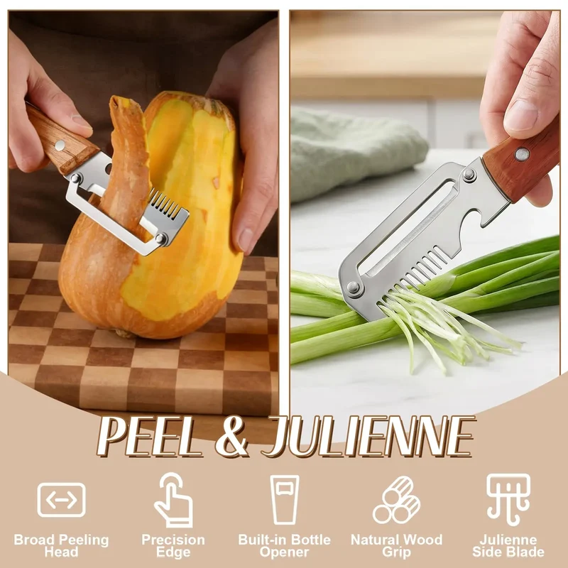 3-in-1 Vegetable Peeler with Wooden Handle and Bottle Opener, Multi-Functional Vegetable Peeler for Kitchen, Gadgets Tool