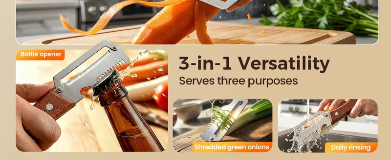 3-in-1 Vegetable Peeler with Wooden Handle and Bottle Opener, Multi-Functional Vegetable Peeler for Kitchen, Gadgets Tool