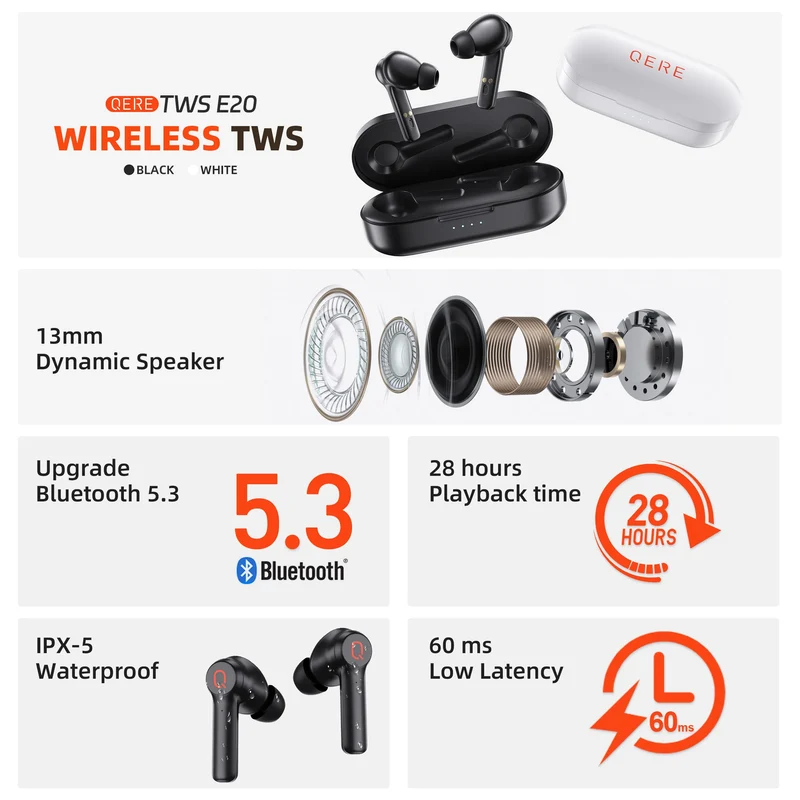 QERE E20 Wireless Headphones, TWS Bluetooth 5.3,HD Microphone,HIFI Earphones,13mm Driver,68Ms Low Latency,4 Mics, ENC Call, New